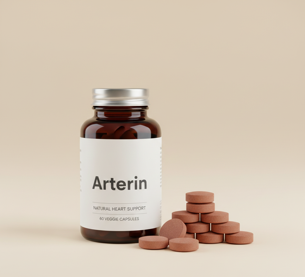 Упаковка Arterin - натуральний засіб для підтримки артеріального тиску в білій коробці з синім логотипом, показана на нейтральному фоні